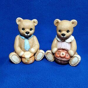 Harvest Bears Figurines Homco 1405 Set of 2 Basket of  Apples and Honey Pot